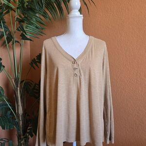 3/$25 Candace Cameron Bure CCB V Neck Ribbed Long Sleeve Tee Shirt XL Tan Button